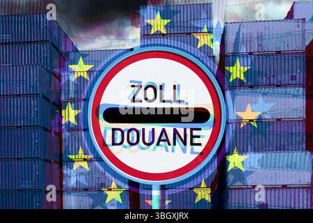 FOTOMONTAGE, Gestapelte Container mit EU-Fahne und Zollschild, Zollerhebung für Lieferungen von Billighändlern nach Europa *** FOTOMONTAGE, gestapelte Container mit EU-Flagge und Zollschild, Zollerhebung für Lieferungen von Billighändlern nach Europa Stockfoto