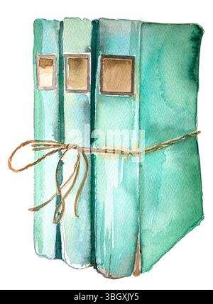 Vintage-Bücher stapeln und offene Bücher. Handgemalte Illustration des Schulkonzepts in Aquarell. Buchliebhaber-Design. Clipart zum Thema Bildung. Stockfoto