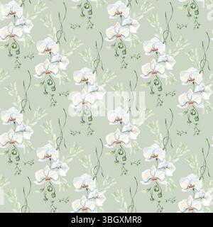 Weiße Blüten Orchideen und pastellgrünes Aquarell botanisches nahtloses Muster in isoliert. Romantischer Hintergrund mit wiederholtem Blumenmuster, handgemalt für die Hochzeit Stockfoto