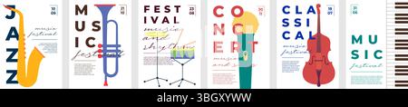Poster mit abstrakten Jazz- und Klassikkonzerten mit Instrumenten wie Violine, Trompete und Klavier. Flacher Vektorsatz. Perfekt für Festivals, Partyflieger, Wintergartenveranstaltungen oder Clubauftritte. Stock Vektor