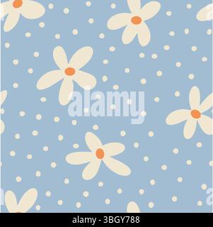 Minimalistische cremefarbene Gänseblümchen und elfenbeinfarbene Punkte auf staubblauem Hintergrund sorgen für eine ruhige und fröhliche Stimmung für Textilien oder Kinderzimmer. Stock Vektor