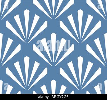 Wiederkehrende Fächermotive in einem Rautenraster mit kräftigen weißen Linien auf blauem Hintergrund, die an eine Art-Deco-Ästhetik für Stoff oder Tapeten erinnern. Stock Vektor