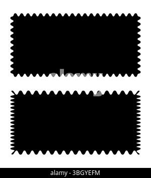 Rechteckige Muster mit schnörkeligen, wackeligen Rändern. Schwarze Rahmen mit Wellenkurvenrand, Badges-Vorlagen. Schwarze Tags, leere Textfelder, Etiketten, Stempel Stock Vektor