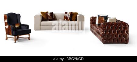 Moderne Möbel sind zur Hälfte auf weißem Hintergrund Stockfoto