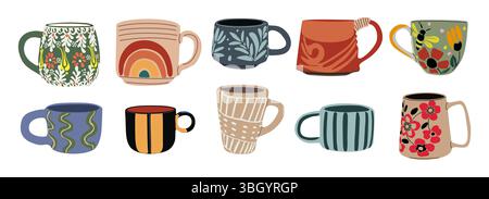 Set Kaffeetassen mit verschiedenen Designs und Mustern Stock Vektor