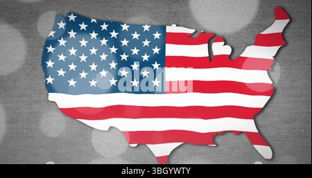 Bild von Punkten über der Karte mit Flagge der usa auf grauem Hintergrund Stockfoto
