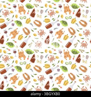 Mediterrane Küche nahtlose Muster mit Wein, Meeresfrüchten und Gemüse für kulinarische Designs. Stock Vektor