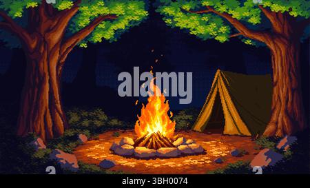 Pixel Art Vektor eines Waldcampings bei Nacht mit einem brennenden Lagerfeuer und einem Zelt unter Bäumen. Warmes Licht steht im Kontrast zum dunklen Hintergrund. Stilisiert Stock Vektor