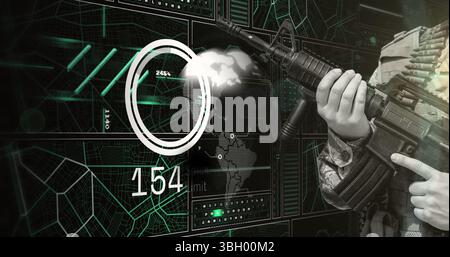 Bild der Hand eines Soldaten, der die Waffe über Scanner, Globus und Datenverarbeitung auf der Schnittstelle hält Stockfoto