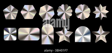 Set von glänzenden silbernen holografischen Aufklebern, Hologrammen geometrischen Formen Etiketten Aufkleber, Embleme für Design, Vektor-Illustration-Paket Stock Vektor