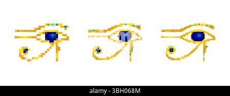 Mosaikaugen im altägyptischen Stil mit Pixeldesign und satten Goldblauen Farben Stock Vektor