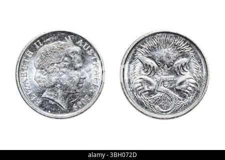 Doppelte Seiten der Australischen Münze von 5 Dollar Cent von Australien, AUD Währung, Nahaufnahme der Kopf und Schwanz Seiten von Königin Elizabeth II. und echidna ein Stockfoto