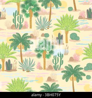 Nahtloses Muster. Palm Springs, Kalifornien, Wüstenlandschaft. Elemente von Designs Palme, Kakteen, Kakteen, Sonne, Berge, und Palm Springs Wüstenland Stock Vektor