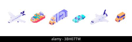 Mosaiksymbole mit pixeligen Fahrzeugen Flugzeug, Schiff, LKW, Auto im Retro-Sprite-Stil Stock Vektor