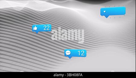 Bild von Social-Media-Symbolen und Zahlen auf Bannern über grauen Wellen Stockfoto