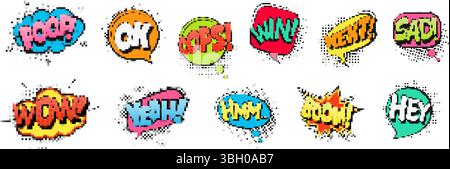 Comic-Sprechblasen im Mosaikstil mit farbenfrohen Ausrufen im Pixel-Art-Design Stock Vektor