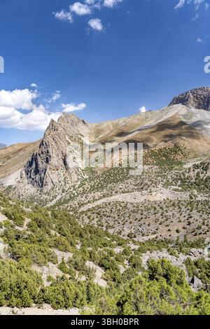 Die schöne Bergwanderstraße mit klarem blauen Himmel und felsigen Hügeln und der Blick auf den Alaudin See in Fann Berge in Tadschikistan Stockfoto