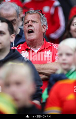 Cardiff, Wales, Großbritannien. Juni 2025. Walisische Fans während der FIFA Fussball-Weltmeisterschaft, der Europameisterschaft, des Spiels der Gruppe J zwischen Wales und Liechtenstein im Cardiff City Stadium. Credit Glitch Images/Alamy Live News Stockfoto