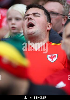 Cardiff, Wales, Großbritannien. Juni 2025. Walisische Fans während der FIFA Fussball-Weltmeisterschaft, der Europameisterschaft, des Spiels der Gruppe J zwischen Wales und Liechtenstein im Cardiff City Stadium. Credit Glitch Images/Alamy Live News Stockfoto