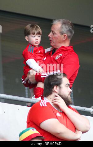 Cardiff, Wales, Großbritannien. Juni 2025. Walisische Fans während der FIFA Fussball-Weltmeisterschaft, der Europameisterschaft, des Spiels der Gruppe J zwischen Wales und Liechtenstein im Cardiff City Stadium. Credit Glitch Images/Alamy Live News Stockfoto