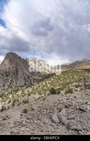 Die schöne Bergwanderstraße mit klarem blauen Himmel und felsigen Hügeln und frischen Bergbach in den Fann Bergen in Tadschikistan Stockfoto