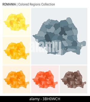 Kartensammlung Rumänien. Länderform mit farbigen Regionen. Blaugrau, Gelb, Bernstein, Orange, Deep Orange, braune Farbpaletten. Stock Vektor