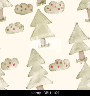 Handgezeichnetes, nahtloses Muster mit Büschen und Tannen. Stockfoto