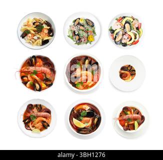 Leckere Gerichte mit Meeresfrüchten isoliert auf weiß, Set. Draufsicht Stockfoto