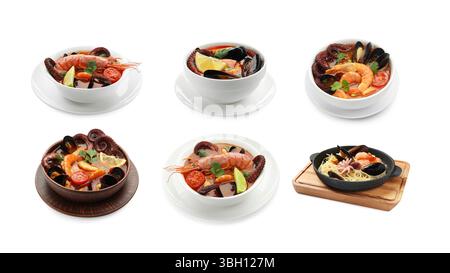 Leckere Gerichte mit Meeresfrüchten isoliert auf weiß, Set Stockfoto