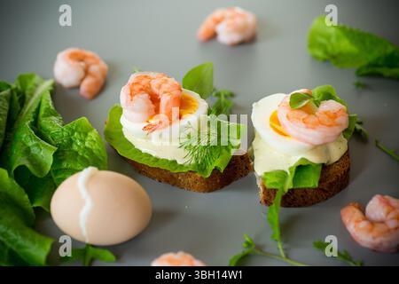 Sandwich mit Ei, Salat und Garnelen isoliert auf grauem Hintergrund. Stockfoto