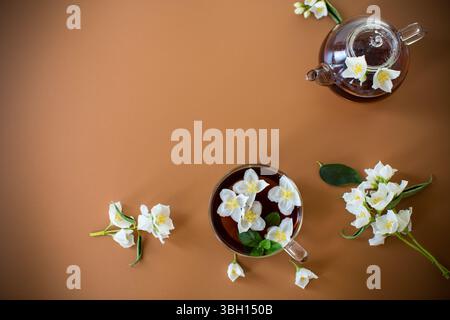 Frisch gebrühter Tee mit Jasminblüten auf braunem Hintergrund. Stockfoto