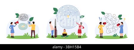 Schlechte und gute Geschäftskommunikation. Winzige Menschen schaffen eine Möglichkeit, Glühbirne durch rundes Labyrinth anzuzünden, Sprache durch verworrene Telefonleitung zu hören, unklare Nachricht Karikaturvektorillustration zu organisieren Stock Vektor