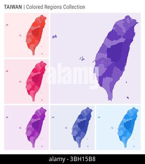 Taiwan Kartensammlung. Länderform mit farbigen Regionen. Dunkelviolett, Rot, Rosa, Lila, Indigo, blaue Farbpaletten. Stock Vektor