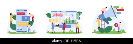 Online-Kommunikation, Dialog in sozialen Medien, Ankündigungsset. Winzige Menschen kommunizieren, halten Hashtag für Inhalte, Sprechblasen auf dem Smartphone-Bildschirm und große Megaphon-Comic-Vektor-Illustration Stock Vektor