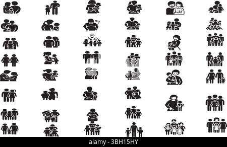 Sammlung von Familien- und Beziehungssymbolen. Glyphenpiktogramme von Eltern, Kindern, Paaren, älteren Menschen, Schwangerschaft, Mutter, Sozialfürsorge, Gemeindehilfe Stock Vektor