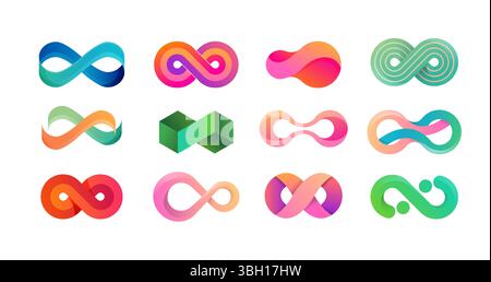 Sammlung von Infinity Logos. Buntes, unendliches, achtförmiges Loop-Set. Modernes Vektordesign mit Farbverlauf. Stock Vektor