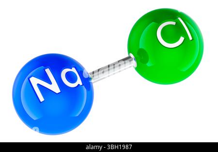 Natriumchlorid-NaCl-Molekül-Modell. 3D-Rendering isoliert auf weißem Hintergrund Stockfoto