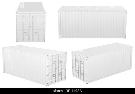 Weiße Frachtcontainer aus verschiedenen Blickwinkeln. Leere Oberfläche für Design, Vorlage oder Branding. 3D-Rendering isoliert auf weißem Hintergrund Stockfoto