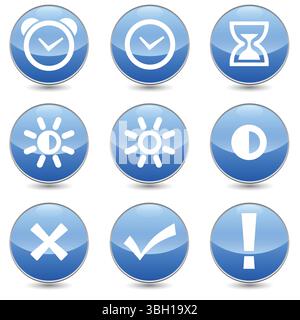 Set aus 9 linearen Symbolen für Uhrzeit und Taktvektor. Uhr, Wecker, Helligkeit, Sonne, rechts, falsche Ausrufesymbole. Isolierte Kollektion für Web Sit Stock Vektor