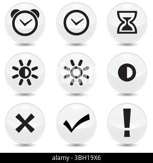 Set aus 9 linearen Symbolen für Uhrzeit und Taktvektor. Uhr, Wecker, Helligkeit, Sonne, rechts, falsche Ausrufesymbole. Isolierte Kollektion für Web Sit Stock Vektor
