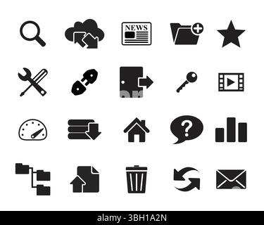 Hosting, Web, Dokument, Zähler, Schlüssel, Film, Home, bin, Refresh, Star, Einstellungen usw. Pixel Perfect Vector Icons für Webgrafiken. Einfach Minimal Stock Vektor