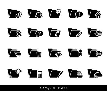 Satz von Vektorsymbolen für Dateiordner. PIN, People, Time, Home, DELETE, Frage, Telefontagebuch, Verknüpfung aufheben, herunterladen, Warenkorb, bin, wi-fi, Lesezeichen, Upload, Refersh Stock Vektor