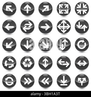 Pfeilsymbolgruppe. Pfeil. Cursor. Sammlung verschiedener Pfeilzeichen auf schwarzer Kugel. Unterschiedliche Symbole für Pfeilrichtung des Cursors in flacher Form Stock Vektor