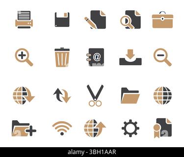 Braune und schwarze Websymbole legen Vektor-, Web- und Kommunikationssymbole für Webcomputer und Mobilgeräte fest Stock Vektor