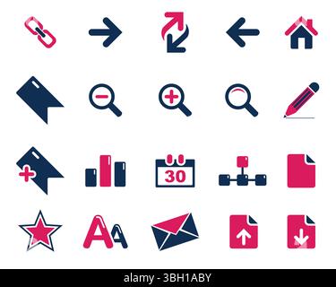 Pinkfarbene und blaue Websymbole legen den Symbolvektor fest. Bearbeitbarer isolierter Satz von Symbolen für Vektorabwicklungen Stock Vektor