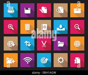 Weiße Websymbole auf farbenfrohem Quadrat mit Schatten, Web- und Grafiksymbolen für Webcomputer und Mobilgeräte Stock Vektor