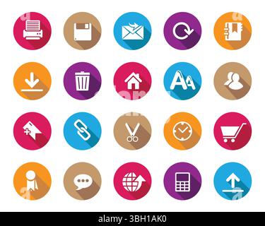 Einfache weiße Websymbole auf farbenfroher Kugel mit Schatten-, Vektor-, Web- und Kommunikationssymbolen Vektor für Webcomputer und Mobilgeräte Stock Vektor