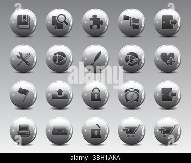 Wunderschöne Websymbole auf grauer 3D-Kugel. Kontaktieren Sie uns Icons Vektor für Webcomputer und Mobilgeräte Stock Vektor