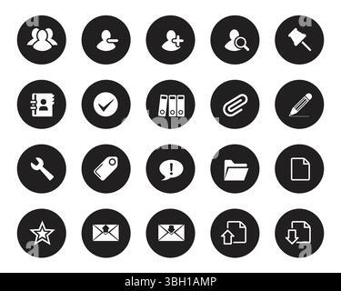 Einfache weiße Websymbole auf schwarzem Kreis. Web-Symbol setzt Symbolvektor. Bearbeitbarer isolierter Satz von Symbolen für Vektorabwicklungen Stock Vektor