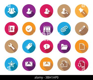 Einfache weiße Websymbole auf farbenfroher Kugel mit Schatten, Symbolvektor. Bearbeitbarer isolierter Satz von Symbolen für Vektorabwicklungen Stock Vektor